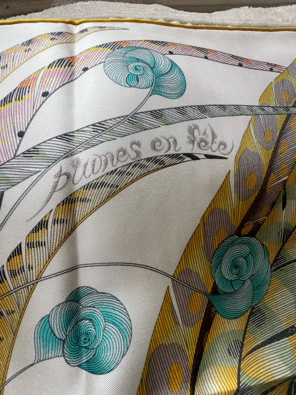 Hermes Plumes en Fete 90cm Silk Feather Print Scarf in Pastel Yellow, Blue, Pink - Picture 5 of 15